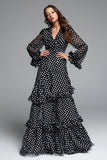Black White Dot A Line Ruffled Long Formal Dress with Sleeves