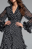 Black White Dot A Line Ruffled Long Formal Dress with Sleeves