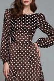 Dark Brown White Dot Boat Neck A Line Long Formal Dress with Sleeves