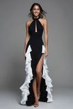 Black White Halter Ruffled Sheath Long Formal Dress with Slit