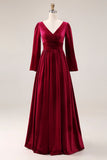 V Neck Burgundy Velvet A Line Long Sleeves Formal Dress