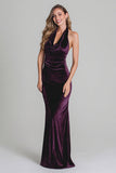 Halter Velvet Sheath Plum Long Formal Dress