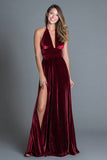 Burgundy Halter A Line Velvet Formal Dress with Slit
