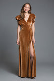 Brown Velvet A Line Slit Long Formal Dress with Ruffled Sleeves