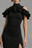 Black Sheath Satin High Neck Long Formal Dress with Slit