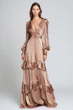 Light Brown Satin A Line V-Neck Long Sleeves Formal Dress with Ruffles