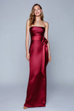 Burgundy Sheath Satin Strapless Long Formal Dress with Sash