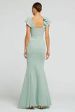Mint Green Crepe Mermaid Boat Neck Long Formal Dress with Ruffles