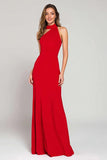 Red Satin Sheath High Neck Long Formal Dress