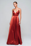 Red A Line Satin Spaghetti Straps Long Formal Dress