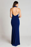 Navy Sheath Satin High Neck Long Formal Dress with Slit