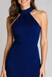 Navy Sheath Satin High Neck Long Formal Dress with Slit
