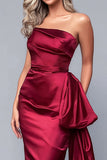 Burgundy Satin Strapless Ruched Long Formal Dress with Side Cape
