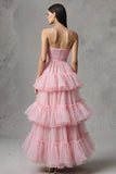Pink Tulle A Line Tiered Strapless Long Formal Dress with Ruffles