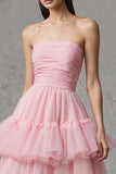 Pink Tulle A Line Tiered Strapless Long Formal Dress with Ruffles