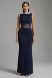 Navy Mermaid Bateau Neck Maxi Formal Dress