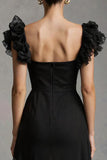 Black A Line Square Neck Maxi Formal Dress with Ruffles