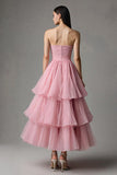 Pink A Line Strapless Tiered Maxi Formal Dress with Ruffles