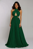 Dark Green Halter A Line Open Back Long Formal Dress