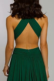 Dark Green Halter A Line Open Back Long Formal Dress