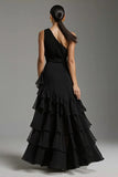 Black A Line Tiered One Shoulder Maxi Formal Dress with Slit