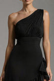 Black A Line Tiered One Shoulder Maxi Formal Dress with Slit