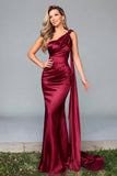Burgundy Mermaid Ruched One Shoulder Long Formal Dress with Cape
