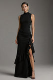 Black Mermaid High Neck Ruffle Maxi Formal Dress with Slit