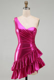 Sparkly Gold Metallic One Shoulder Short Cocktail Dress with Ruffles