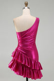 Sparkly Gold Metallic One Shoulder Short Cocktail Dress with Ruffles