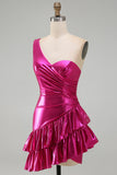 Sparkly Gold Metallic One Shoulder Short Cocktail Dress with Ruffles