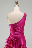 Sparkly Gold Metallic One Shoulder Short Cocktail Dress with Ruffles