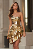 Sparkly Gold Metallic One Shoulder Short Cocktail Dress with Ruffles