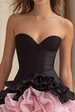 Black and Pink A Line Sweetheart Corset Short Cocktail Dress with Ruffles