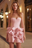 Pink Tight Corset Sweetheart Ruffled Short Homecoming Dress