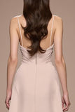 Champagne A Line Satin Ruched Maxi Formal Dress with Slit