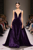 Dark Purple Velvet A Line Deep V-Neck Long Formal Dress