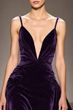 Dark Purple Velvet A Line Deep V-Neck Long Formal Dress