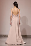 Champagne Satin Ruched Spaghetti Straps Maxi Formal Dress