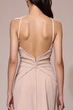 Champagne Satin Ruched Spaghetti Straps Maxi Formal Dress