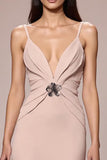 Champagne Satin Ruched Spaghetti Straps Maxi Formal Dress