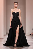 Sparkly Black A Line Beaded Sweetheart Long Formal Dress with Slit