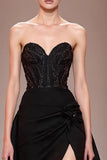 Sparkly Black A Line Beaded Sweetheart Long Formal Dress with Slit