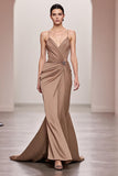 Coffee Satin Mermaid Spaghetti Straps Long Formal Dress
