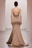 Coffee Satin Mermaid Spaghetti Straps Long Formal Dress