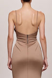 Coffee Satin Mermaid Spaghetti Straps Long Formal Dress