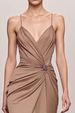 Coffee Satin Mermaid Spaghetti Straps Long Formal Dress