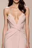 Champagne Satin A Line Ruched Long Formal Dress With Slit