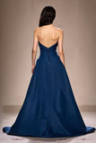 Dark Blue A Line Strapless Ruched Long Formal Dress with Slit