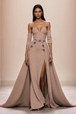 Champagne Sweetheart Appliqued Long Formal Dress with Slit
